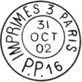 Timbre  date avec mention : IMPRIMES 3 PARIS / P.P. numro de  100