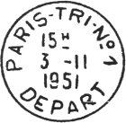 Timbre à date avec essai de 1950 avec mention "PARIS TRI N1 DEPART