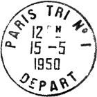 Timbre  date avec essai de 1950 avec mention "PARIS TRI N1 DEPART