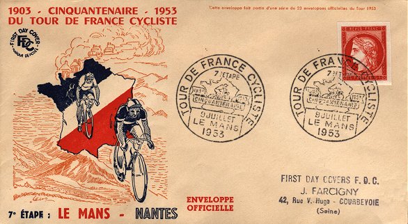 Timbre à date avec mention "TOUR DE FRANCE CYCLISME / 9 JUILLET LE MANS 1953"