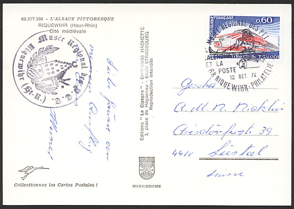 Timbre à date de 1974 du musée postal de Riquewihr