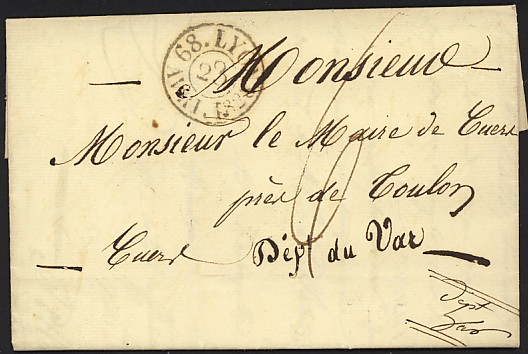 Lyon : Essai de timbre à date de 1829