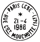 Timbre à date avec mention : PARIS - CCBE / - RUE CDT MOUCHOTTE (14E) -