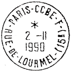 Timbre  date avec mention : PARIS - CCBE - F / - RUE DE LOURMEL (15E) - / 