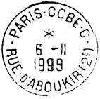 Timbre à date avec mention : PARIS - CCBE - C / - RUE D'ABOUKIR (2E) - / 