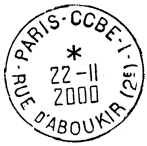 Timbre à date avec mention : PARIS - CCBE - I / - RUE D'ABOUKIR (2E) - / 