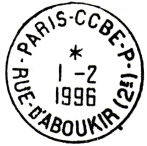 Timbre à date avec mention : PARIS - CCBE - P / - RUE D'ABOUKIR (2E) - / 