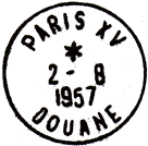 Timbre à date au type A7 avec mention : PARIS XV / DOUANE / 