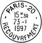 Timbre  date avec mention : PARIS-20 / - RECOUVREMENT - / 