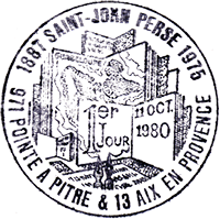 Timbre  date avec mention "1887 SAINT JOHN PERSE 1976 / 971 POINTE A PITRE & 13 AIX EN PROVENCE"