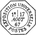 Timbre  date octogonal de l'exposition Universelle de 1867 avec mention : EXPOSITION UNIVERSELLE POSTES / 