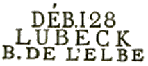Marque linéaire avec mention DEB,  numéro département, nom de ville et nom département