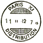 Timbre  date avec mention PARIS, numro romain et  mention : DISTRIBUTION