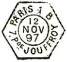 Timbre  date hexagonal avec mention PARIS, numro bureau et adresse / 