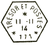 Timbre  date hexagonal avec mention TRESOR ET POSTE chiffre et toiles