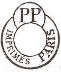 Timbre circulaire avec petit cercle mention IMPRIMES PP PARIS avec centre vide