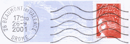 Oblitération mécanique 5 lignes ondulées avec timbre à date à  gauche
