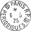 Timbre à date au type 04 avec mention PARIS entourés de numéros et mention PERIODIQUES