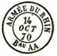 Timbre  date au type 15 avec mention ARMEE DU RHIN Bau et 2 lettres