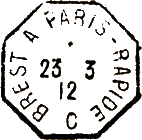 Timbre  date octogonal des ambulants de jour avec mention RAPIDE, nom de la ligne et numro de brigade