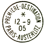 Timbre  date au type 04 avec mention : PREMIERE DESTINATION PARIS AUSTERLITZ
