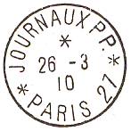 Timbre à date au type 04 avec mention JOURNAUX PP PARIS et numéro de bureau