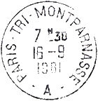 Timbre à date au type A9 avec mention : PARIS - TRI - MONTPARNASSE / - A -