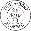 Timbre à date au type 15M avec mention : TUNIS - BÔNE ALGERIE